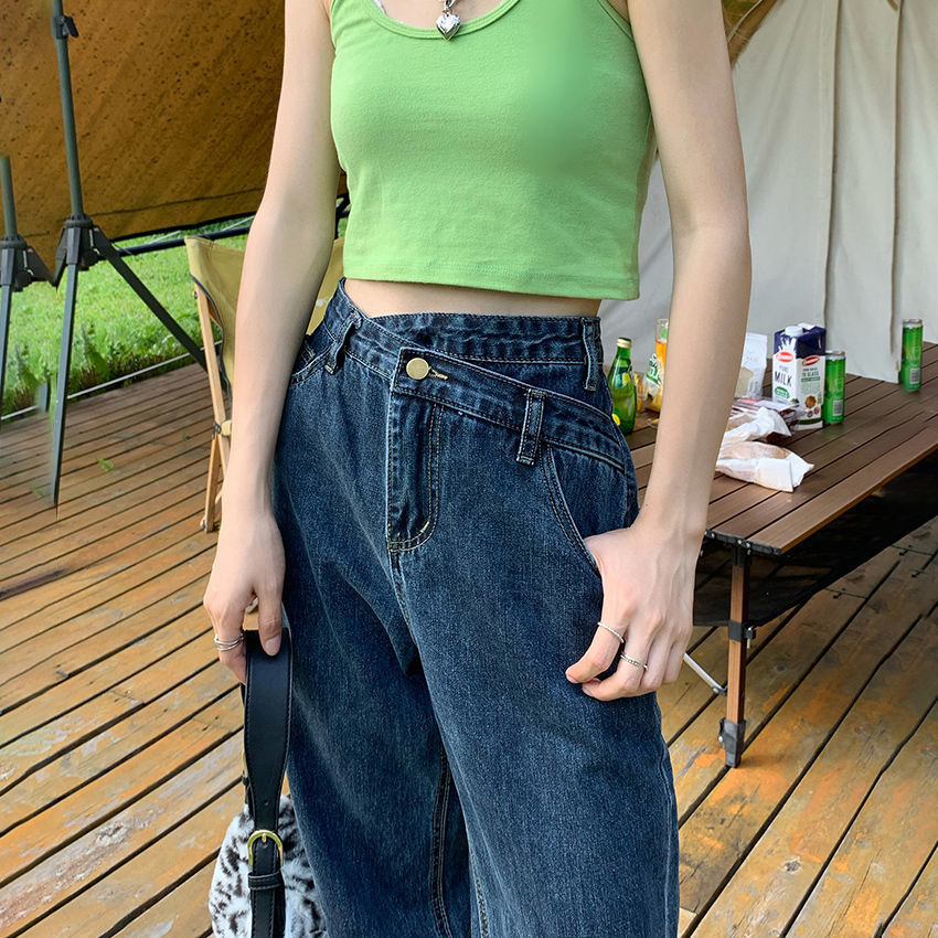 ジーンズ女性ゆったりレディース痩せ見えハイウエストワイド脚モップストレートデザイン感パンツ