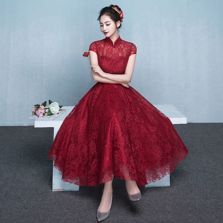 ドレス 結婚式 パーティードレス ウェディングドレス 立ち襟 ロングドレス ミモレ丈 パーティドレス 総レース ドレス 二次会 ウェディン