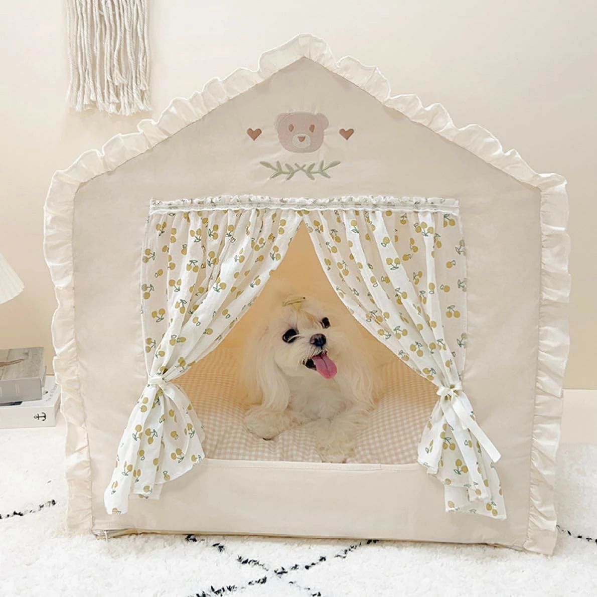 寝 もこもこ ふかふか テント 中小型犬用 ドーム型 可愛い 48*38*51 ペットベッド 滑り止め 柔らかい ふわふわ ベージュ 夏/冬 ドーム