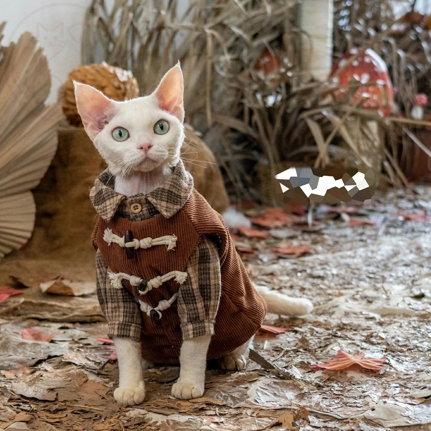 DreamPet 猫服 無毛猫 デボンレックス シャム コーデュロイ レトロ ウッドボタン 森ガール風 キルティング ベスト