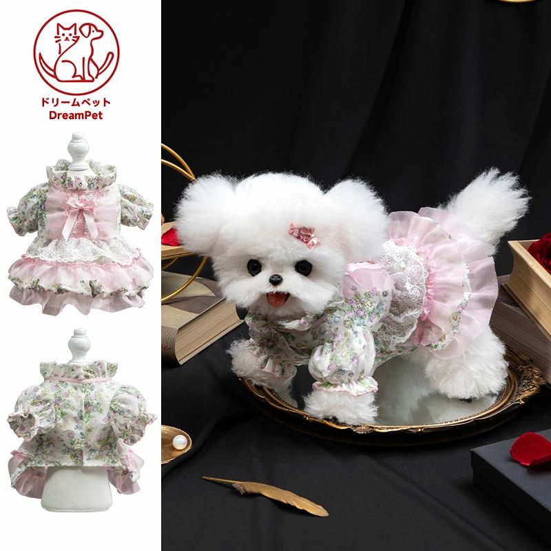 DreamPet 高級 犬服 秋 新作 ロリータ フラワープリント プリンセスドレス 仔犬 小型犬 猫用 ペットワンピース