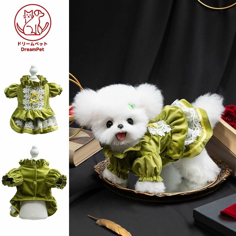 DreamPet 高級 犬服 ロリータ ベルベットワンピース 仔犬 小型犬 柴犬 ゴールデンレトリバー ペットワンピース