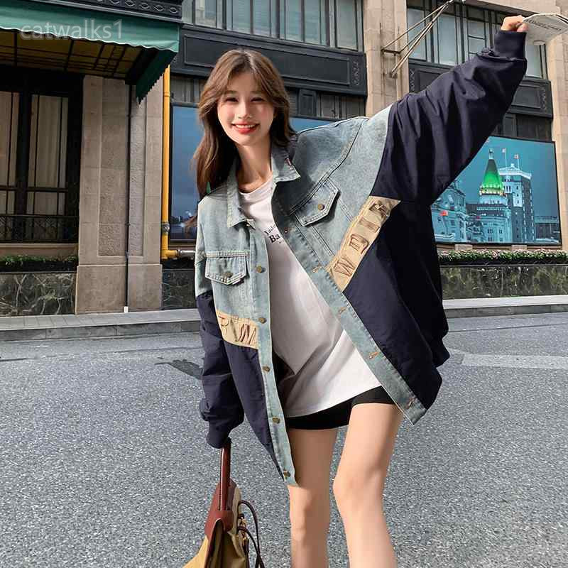 デニムジャケット レディース ゆったり ショート丈 配色 切り替え ワークテイスト カーキ色 紺色 アウター|Catwalks 1 店