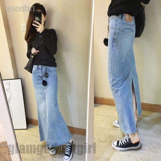 新生きて行く デニムロングスカート ジーンズスコート ロング ジーンズ ロングスコート 途轍も無い大きさ 3l 細長い切口スコート 人魚生産ライン カットオフジーンズ 秋 夏 切りっぱなし