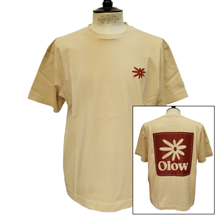 【新入荷】OLOW（オロウ）プルオーバー うしろ側刷り上げる 花とロゴタイプの小間絵 OL612002-12 ベージュｘ赤銅色 オーガニックコットン100% ゆったり影ぼうし【フロリアン・ガロウ】