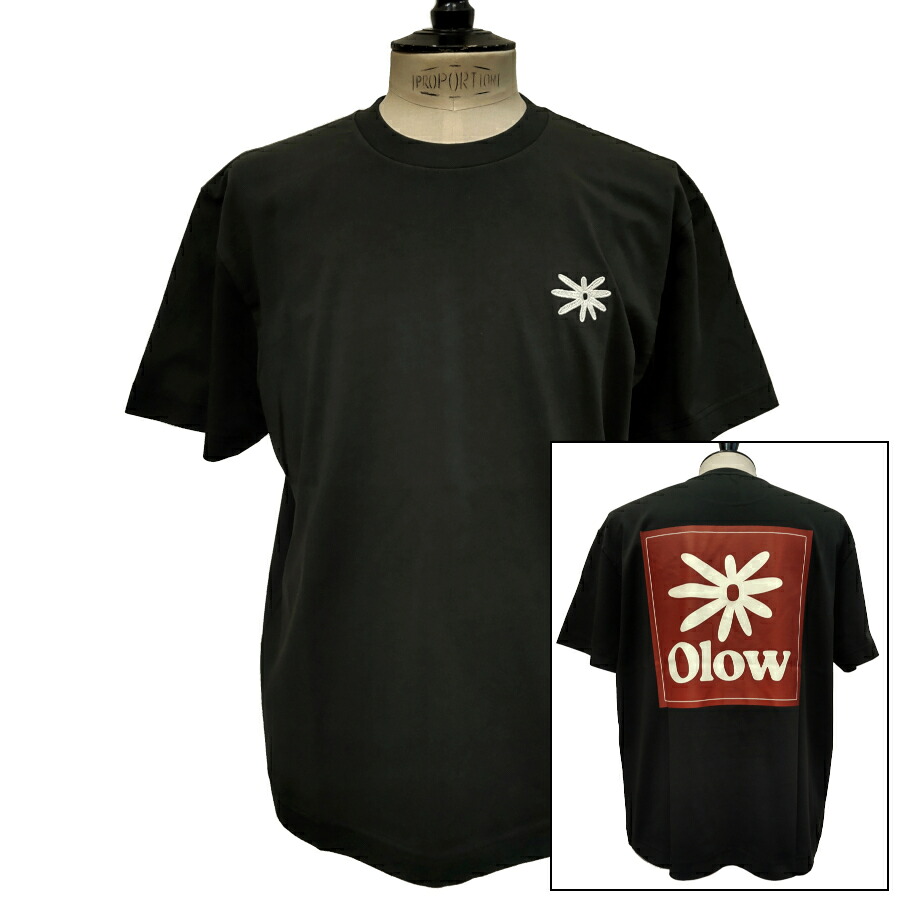 【新入荷】OLOW（オロウ）プルオーバー うしろ側刷り上げる 花とロゴタイプの小間絵 OL612002-98 黒いこと 黒ｘ赤銅色 オーガニックコットン100% ゆったり影ぼうし【フロリアン・ガロウ】