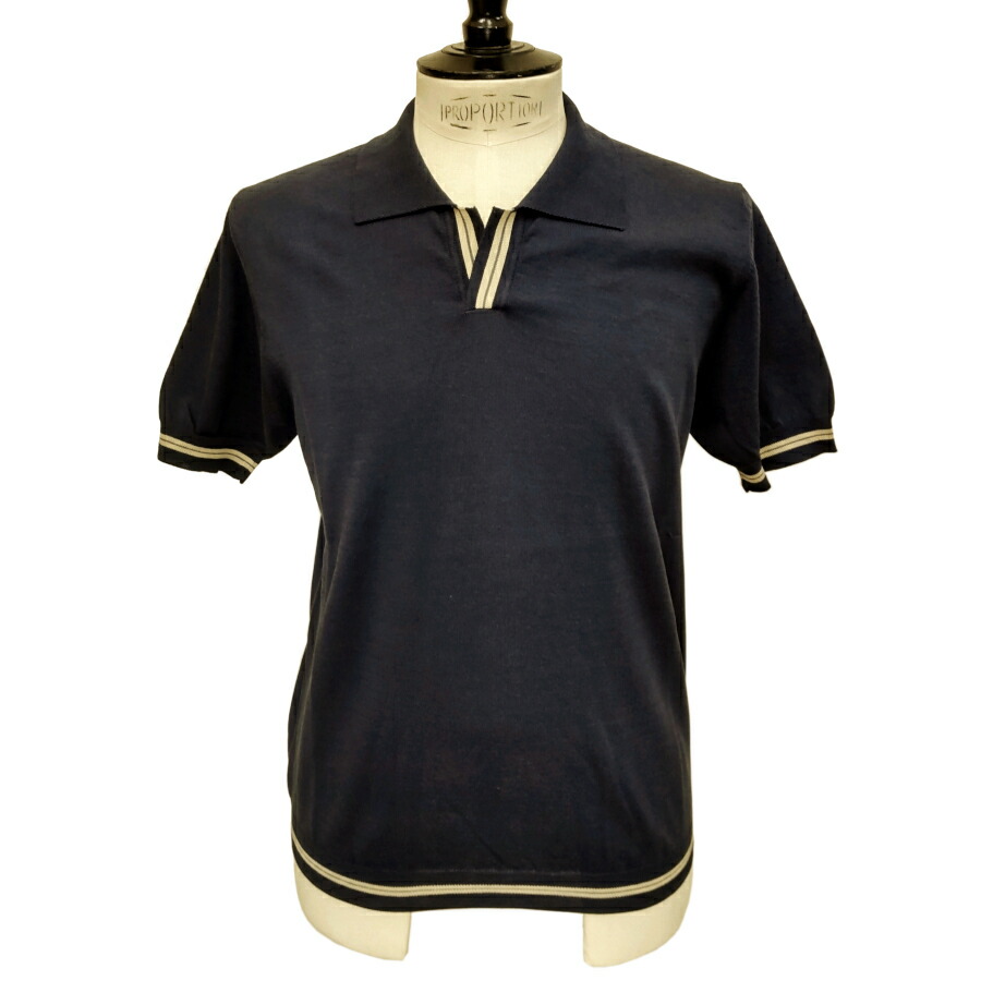 【新入荷】UMBERTO VALLATI（ウンベルト ヴァラッティ） イタリア製 半袖サマーニット スキッパー メンズ VA613002-87 ネイビー 綿 ベージュのポイントライン 27,170円