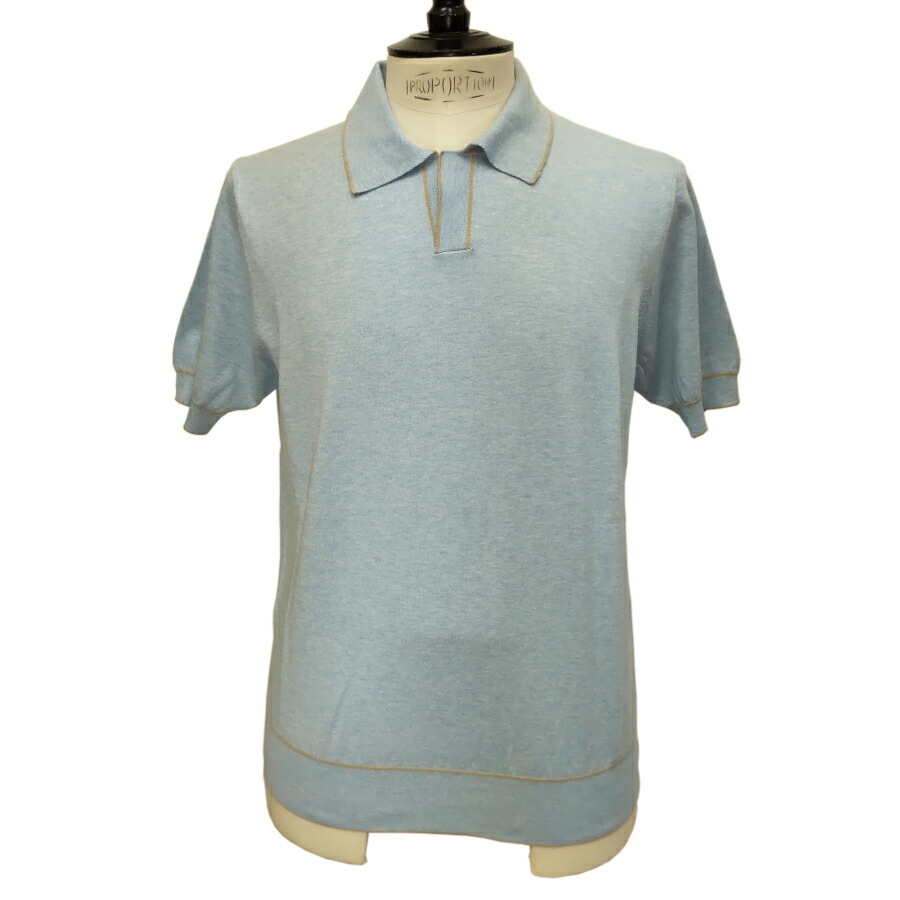【新入荷】UMBERTO VALLATI（ウンベルト ヴァラッティ） イタリア製 半袖サマーニット スキッパー メンズ VA613003-87 ブルー シルク・コットン ベージュのポイントライン (ラインの縁取り)
