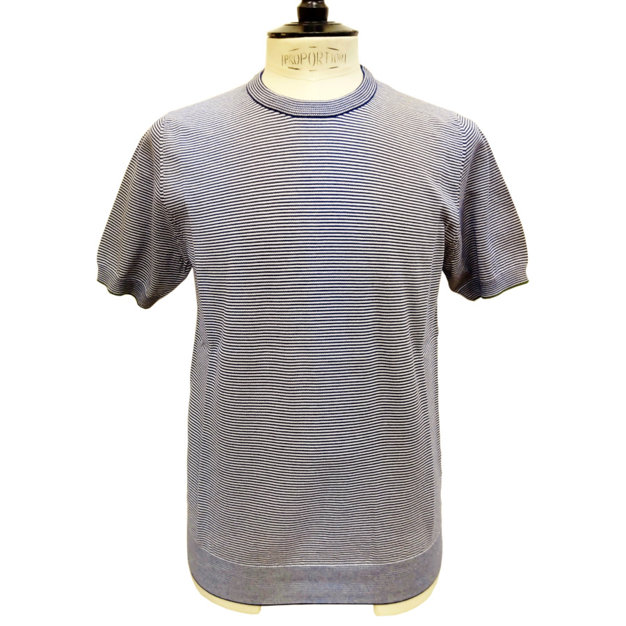 UMBERTO VALLATI(ウンベルト ヴァラッティ)イタリア製 半袖 ニットTシャツ メンズ VA513004-81 ネイビーxホワイト ボーダー柄 綿100% オーガニックコットン|cavalleria 店