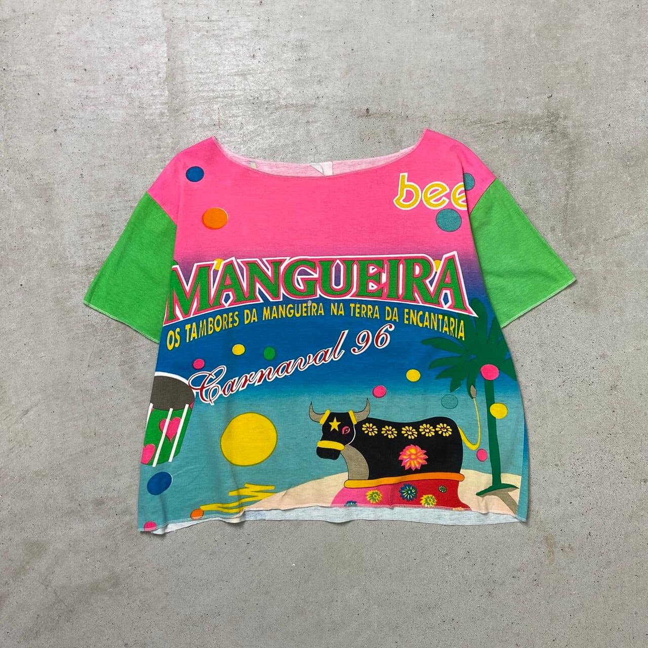 90年代 MANGUEIRA CARNAVAL 総柄 オールオーバープリントTシャツ レディースL相当 ショート丈 古着【中古】【FS2601】【SS2603】