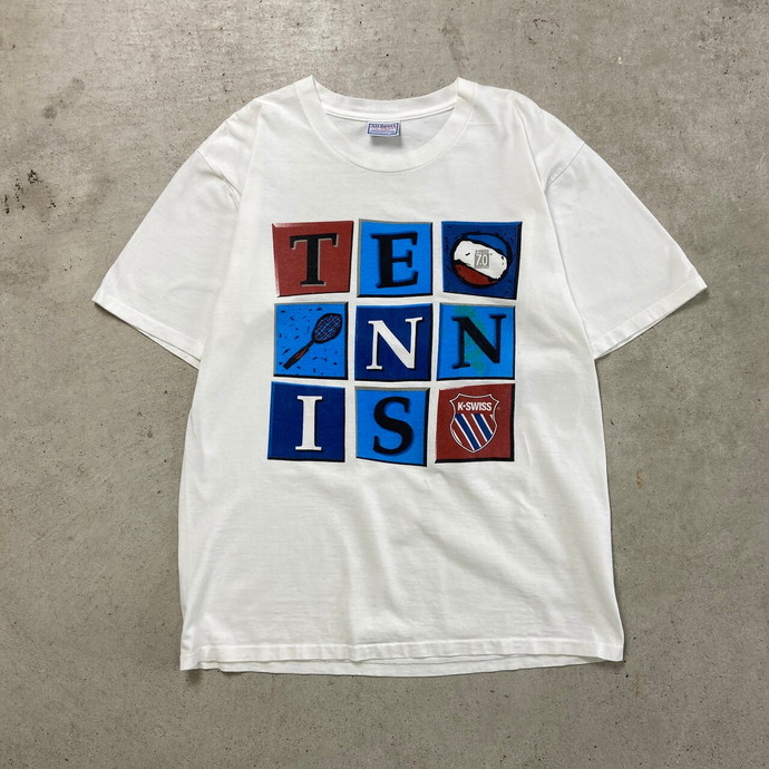 90年代 USA製 K-SWISS TENNIS プリントTシャツ メンズL 古着【中古】【FS2601】【SS2603】