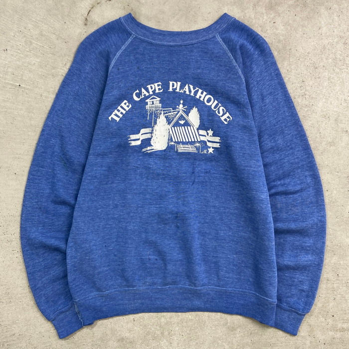 70年代 THE CAPE PLAYHOUSE ラグランスウェットシャツ スーベニアプリント 脇下ガゼット メンズS-M相当 古着【中古】【FS2601】【SS2603】