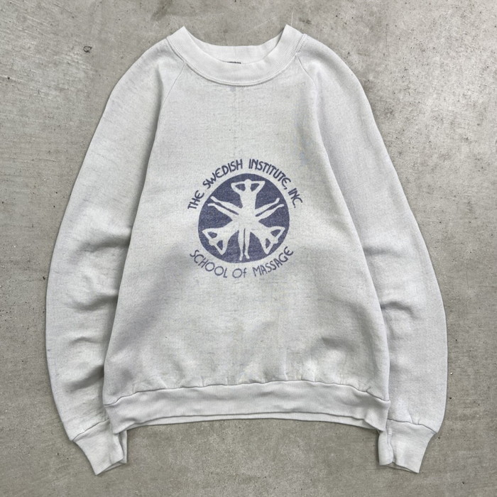 70年代 THE SWEDISH INSTITUTE INC. ラグランスウェットシャツ 染み込みプリント カレッジロゴ メンズS-M相当 古着【中古】【FS2601】【SS2603】