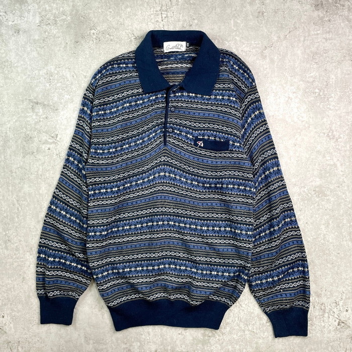 90年代 Arnie Arnold Palmer フェアアイル柄 アクリルニットポロシャツ メンズL相当 古着【中古】【SS2603】