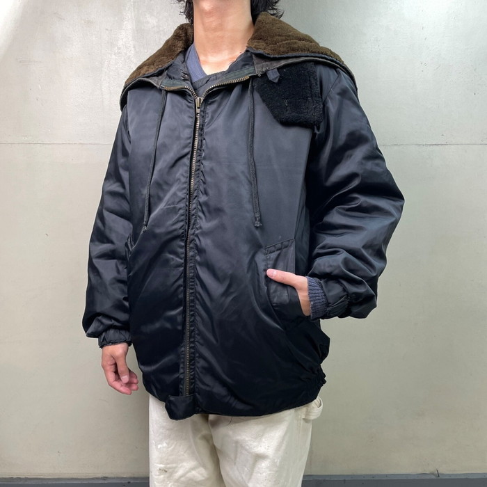 UNKNOWN ミリタリーフライトジャケット N-2Bタイプ メンズL相当 ヴィンテージ VINTAGE 古着 キルティングライナー フード開閉式 アメカジ 黒色【SS2603】