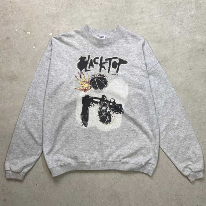 Reebok リーボック BLACKTOP プリント ロングTシャツ メンズM 90年代 90s VINTAGE ヴィンテージ スペイン製 古着 バスケットボール ライトグレー 灰色【SS2603】