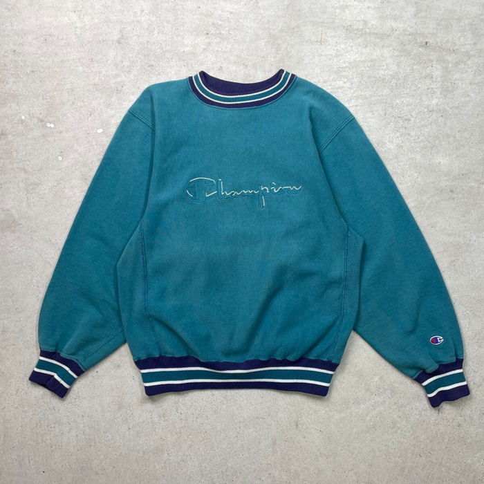 90年月日 USA製 Champion はやりっ子 REVERSE WEAVE リバースウィーブ 刺しゅうロゴタイプ トレーナー リブボーダー メンズM 古着 90s VINTAGE ヴィンテージ アメカジ 流汗 調教師 ターコイズグリーン