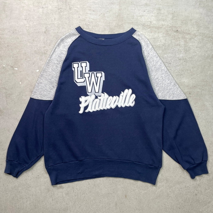 80年代 USA製 Champion チャンピオン カレッジプリント スウェットシャツ メンズL相当 古着 80s VINTAGE ヴィンテージ アメカジ ツートンカラー バイカラー ウィスコンシン大学 プラットビル ラグランスリーブ トレーナー 紺色 灰色 グレー