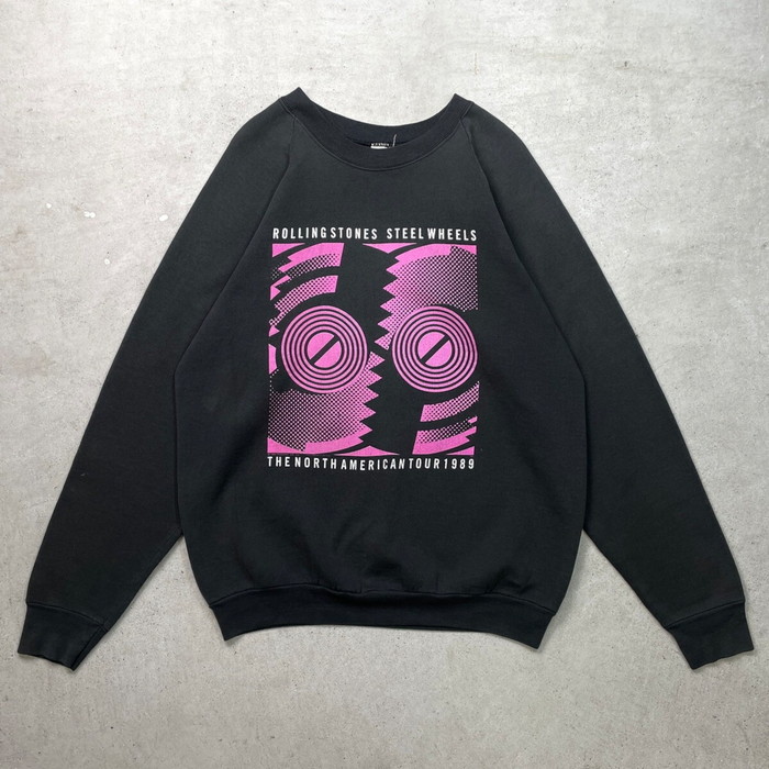 80年代 USA製 ROLLING STONES STEEL WHEELS ローリングストーンズ バンドT バンT スウェットシャツ メンズL 古着 80s VINTAGE ヴィンテージ アメカジ 音モノ THE NORTH AMERICAN TOUR 1989 ラグランスリーブ トレーナー 黒色