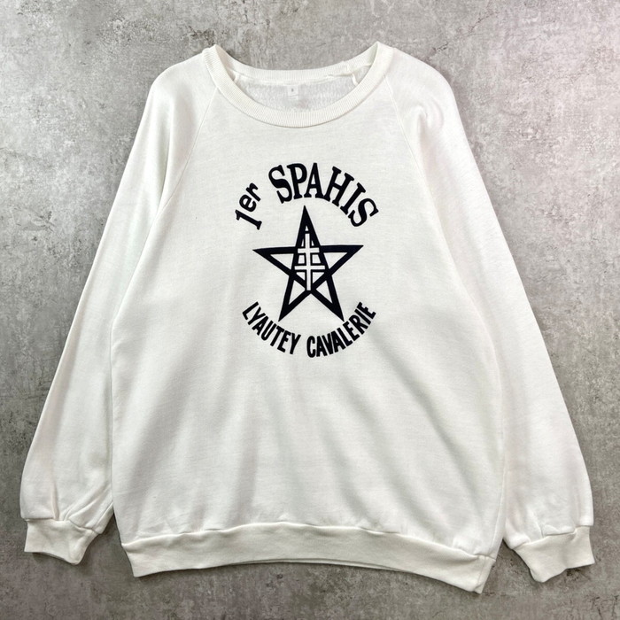 80年代 フランス製 フランス陸軍騎兵隊 フロッキープリント スウェットシャツ メンズL相当 古着 80s ヴィンテージ VINTAGE ラグランスリーブ 白色