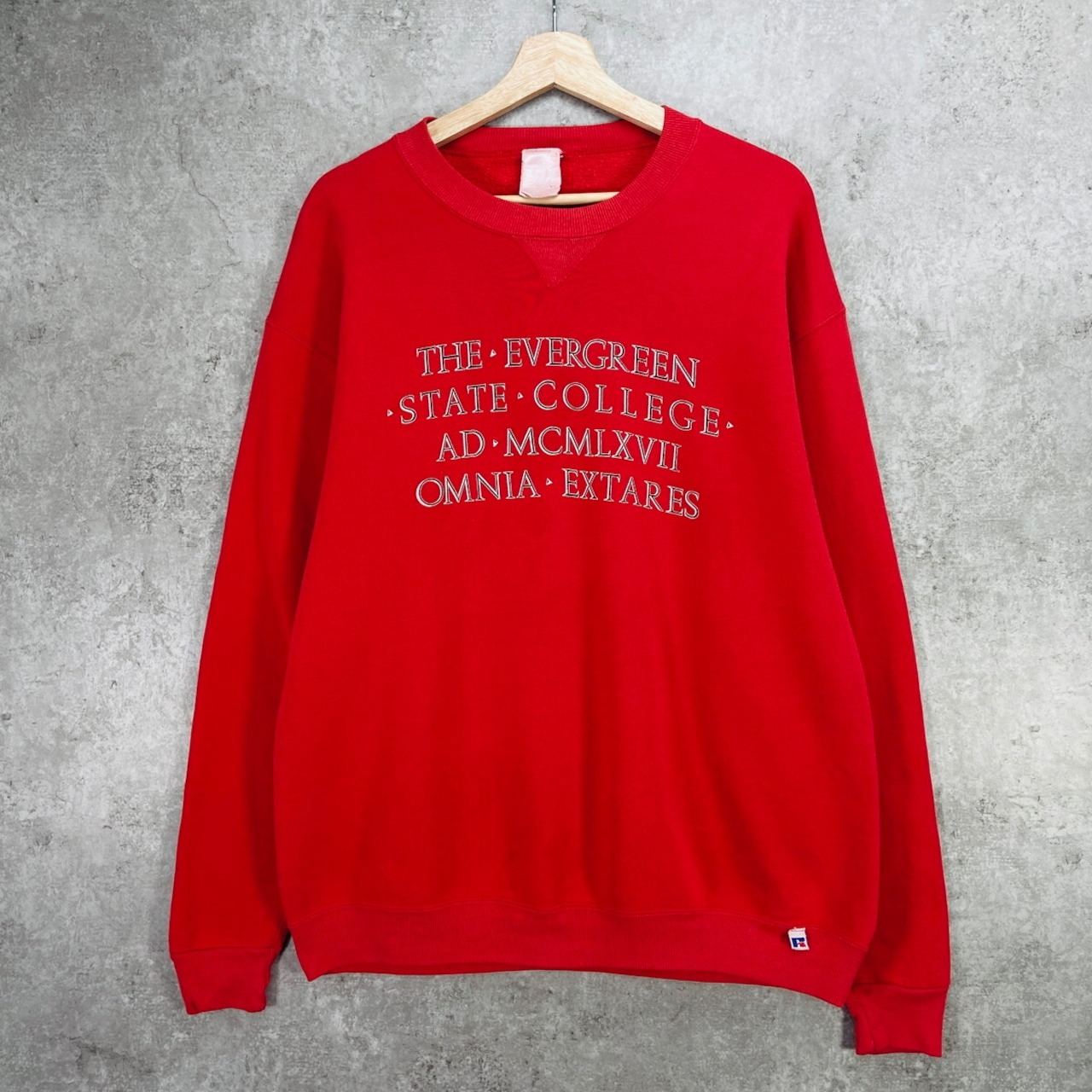 90年代 USA製 RUSSELL ATHLETIC カレッジプリント スウェットシャツ メンズL相当 古着 90s ヴィンテージ VINTAGE THE EVERGREEN STATE COLLEGE ラッセルアスレチック 前Vガゼット アメカジ トレーナー 赤色