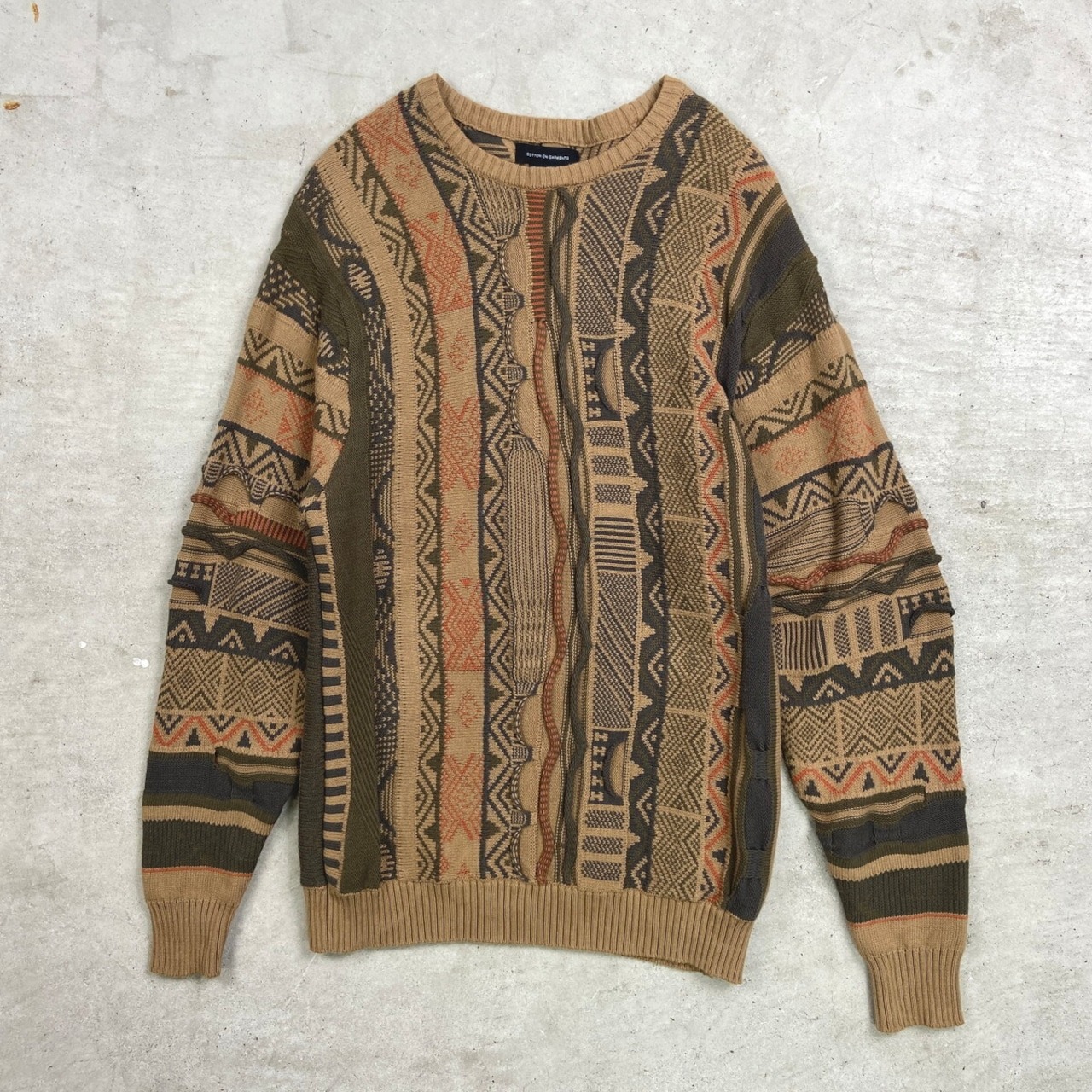 COTTON ON GARMENTS 3D ニットセーター メンズS相当 レディースS相当 古着 総柄 クージー風 茶色 オリーブグリーン オレンジ