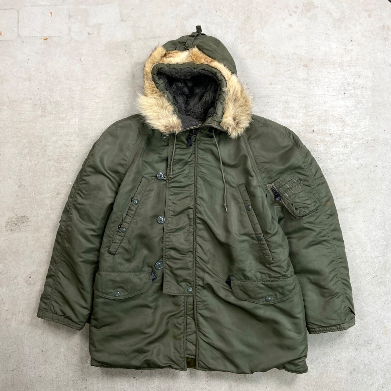 60年代 USAF U.S.AIR FORCE 米軍実品 N-3B コヨーテファー ミリタリー フライトジャケット メンズL相当 古着 60s VINTAGE ヴィンテージ CONMARジッパー セージグリーン