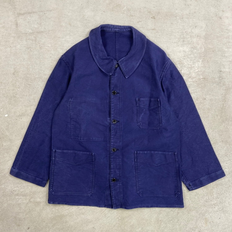 40~50年代 Le Cable ブルーモールスキン フレンチワークジャケット V字ポケット付き メンズM相当 古着 40s 50s VINTAGE ヴィンテージ 刺繍タグ ユーロワーク 28,457円