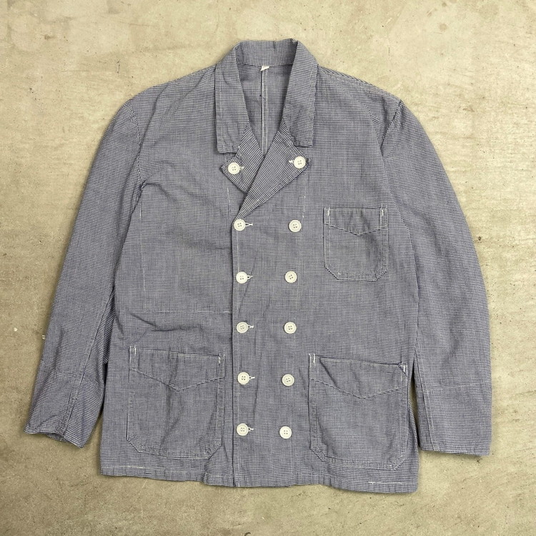 50年代 AU MOLINEL フレンチワーク コックジャケット V字ポケット付き メンズM~L相当 古着 60s VINTAGE ヴィンテージ 千鳥格子柄 Vポケ ユーロミリタリー ユーロワーク ブルー×ホワイト