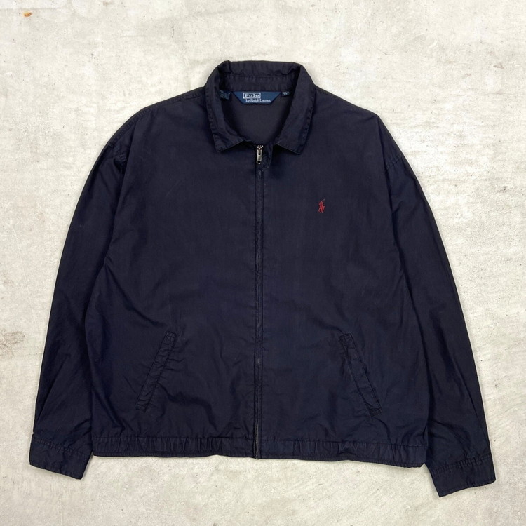 90年代 Polo by Ralph Lauren ポロバイラルフローレン スイングトップ メンズ2XL相当 古着 90s ヴィンテージ VINTAGE アメカジ 三角タグ チンスト付き ワンポイントロゴ刺繍 スポーツジャケット ビッグサイズ 大きいサイズ 墨黒【中古】｜古着通販 cave古着屋