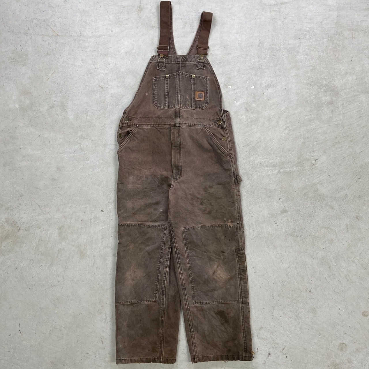 Carhartt カーハート ダック地 ダブルニー オーバーオール メンズW37相当 古着 VINTAGE ヴィンテージ キルティングライナー ボタンフライ フェードブラウン こげ茶色