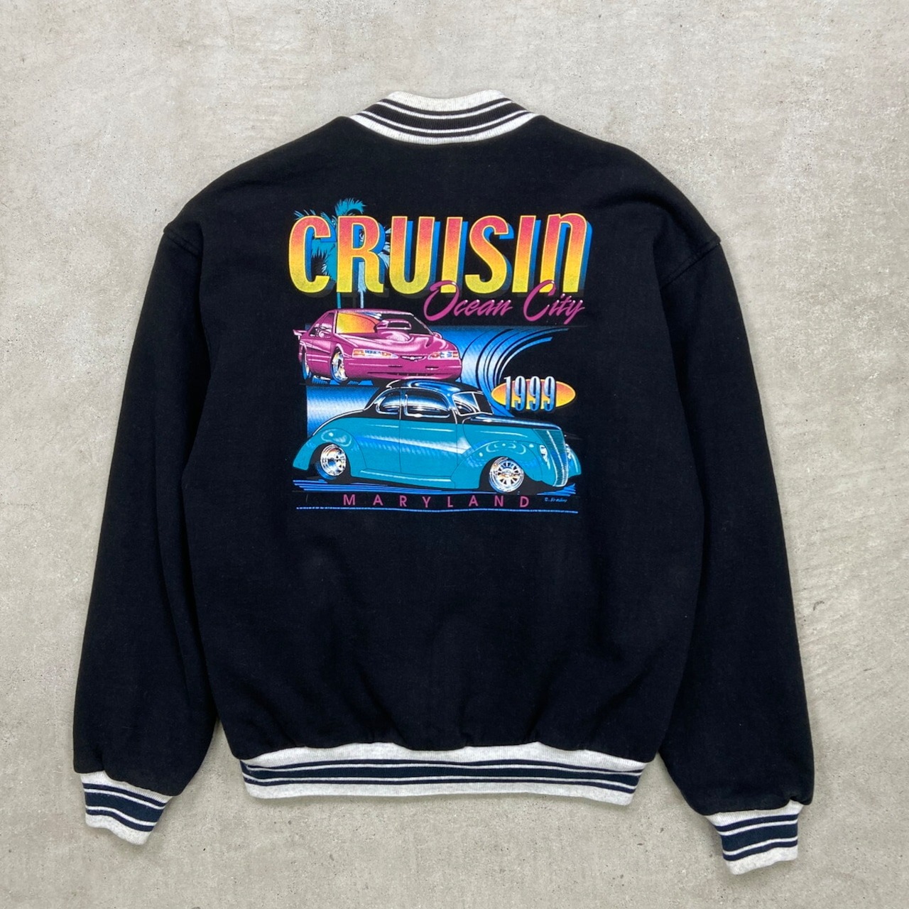 90年代 CRUISIN Ocean City コットンスタジャン メンズXL 古着 90s VINTAGE ヴィンテージ アメカジ リブボーダー 車 クラシックカー MARYLAND 杢グレー 黒色