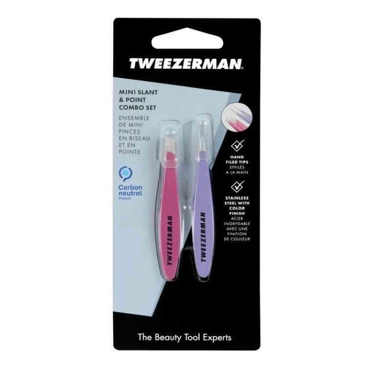 ツイーザーマン ミニツイーザーセット 斜め先端 ポイント先端 ステンレススチール パープルピンク Tweezerman Mini Oval Slant and Point Tweezer Combo, Stainless Steel, Purple Pink 【お取り寄せ商品】