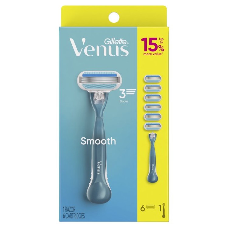 ジレット ヴィーナス スムース 女性用カミソリ 3枚刃 マニュアルタイプ ブルー ハンドル1本 替刃6個付き Venus Smooth Razor for Women, 3 Blades, Manual Razor, Handle and 6 Razor Blade Refills, Blue 【お取り寄せ商品】