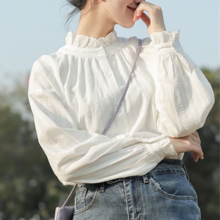 plantation 長袖ブラウス　ホワイト　コットン100% 日本製 Plantation 「Plantation」 長袖ブラウス M size ホワイト
