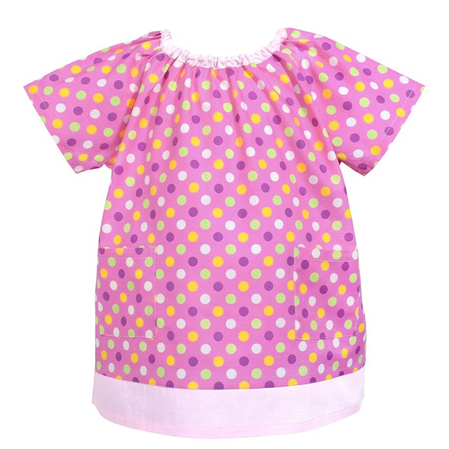 当店在庫してます 半袖スモック カラフルキュートな大粒ドット ピンク 子供用 半袖 スモック 幼稚園 美術 子供 小学生 おしゃれ 用 書道 エプロン