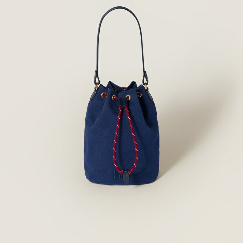 【miumiu】ストライプ ファブリック ドローストリングポーチ ベージュ／ネイビー ストライプ ファブリック ドローストリング