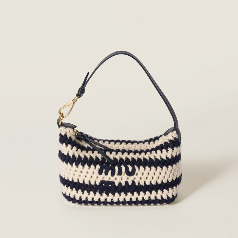 【miumiu】ストライプ ファブリック ドローストリングポーチ ベージュ／ネイビー ストライプ ファブリック ドローストリング