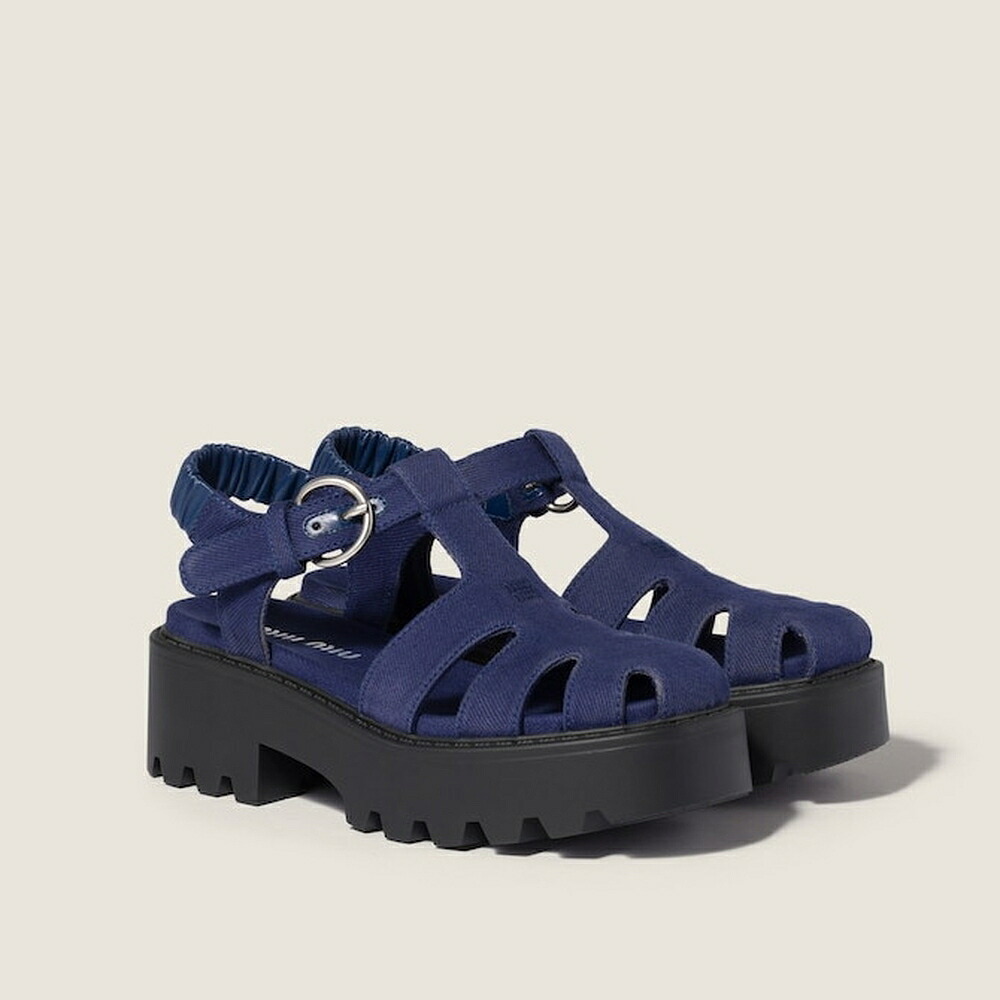 ミュウミュウ MIU MIU ギャバジン サンダル 5X697E_1350_F0021_F_050【インキ青色 】【貨物輸送無料】【置き目品】