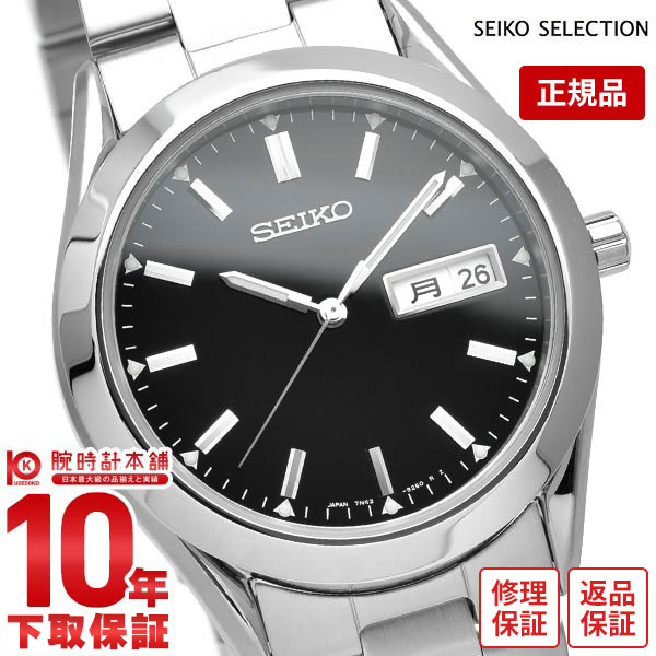 商品情報 セイコーセレクション Seikoselection Scdc085 メンズ セイコーの Scdc085 ステンレス素材で統一された円形のケースとベルト ブラックの文字盤には12時位置にブランドロゴ 3時位置に日付曜日機能を配置 また 中留め構造は三つ