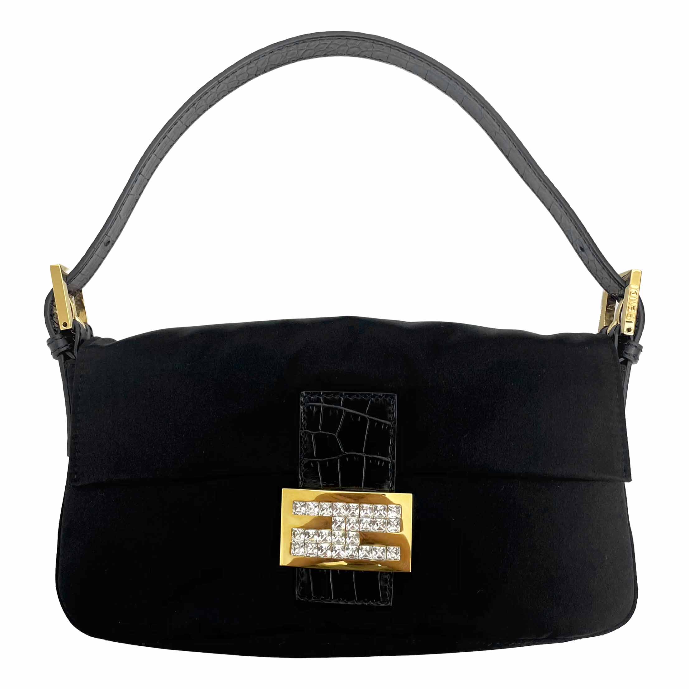 ＦＥＮＤＩ フェンディ マンマバケット 8BR600 黒いこと×ゴールド金具 繻子×型押しなめし革×伝達ルート石ころ Ａ１美品 【中古】 バッグ・小物・ブランド雑貨-ショルダーバッグ・メッセンジャーバッグ