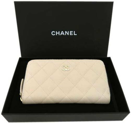 ＣＨＡＮＥＬ　ラウンドファスナー ミディアム ウォレット マトラッセ キャビアスキン ライトベージュ系 美品 【中古】