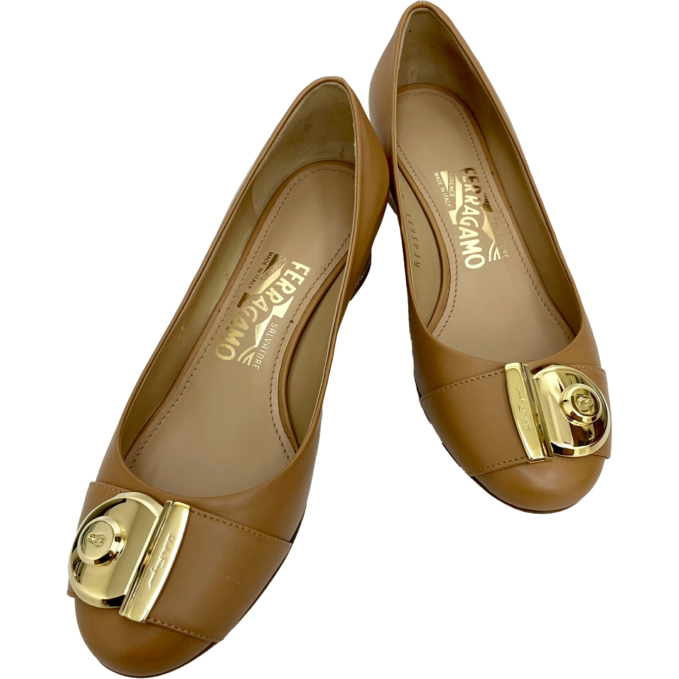 Salvatore Ferragamo フェラガモ FIAMMA パンプス キャメル レザー #5 1/2D 新品同様 【中古】|セレブbyエンデバー
