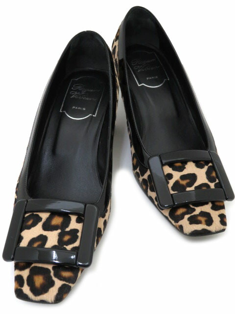 ROGER VIVIER　ベル ヴィヴィエ パンプス レディス ラグジュアリー パンプス　ハラコ×パテントレザー　ブラック×レオパード柄　＃34 1/2【中古】