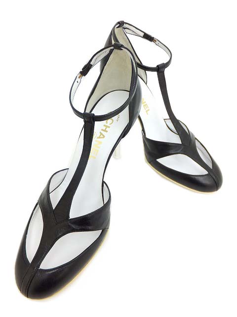 ＣＨＡＮＥＬ　Ｔストラップ パンプス　レザー　ブラック　＃37【中古】A1ランク美品