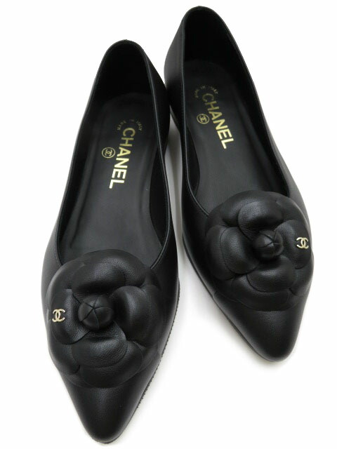 ＣＨＡＮＥＬ シャネル 女性バレエダンサー カメリア 坦々たるシューズ 22A G37106 子ヒツジ人はだ 黒いこと ＃36１/2C 美品 【中古】