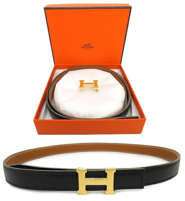 正規代理店 ＨＥＲＭＥＳ ミニミニ コンスタンス リバーシブルベルト 18mm カーフ×クシュベル ブラック×ゴールド G金具 ＃70 