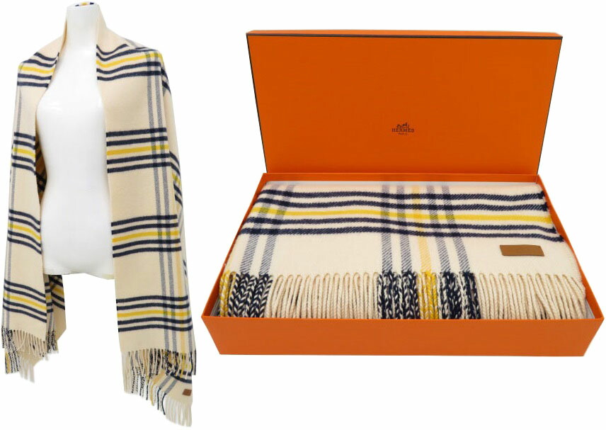 ＨＥＲＭＥＳ 　カシミヤ 大判 ストール カシミヤ100%　皮革部分（ラベル）牛革 エクリュ/マリン/ジューヌ 新品同様【中古】