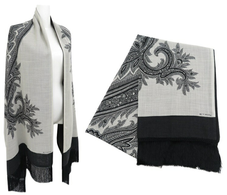 ＥＴＲＯ　ストール　ウール50％×シルク50％　ブラック×ホワイト　A1【中古】
