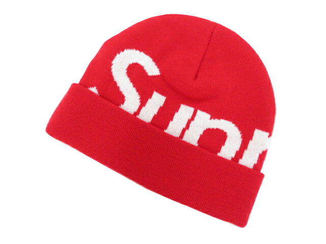 Ｓｕｐｒｅｍｅ　ビッグロゴ ビーニー ニット帽　レッド×ホワイト　A1【中古】